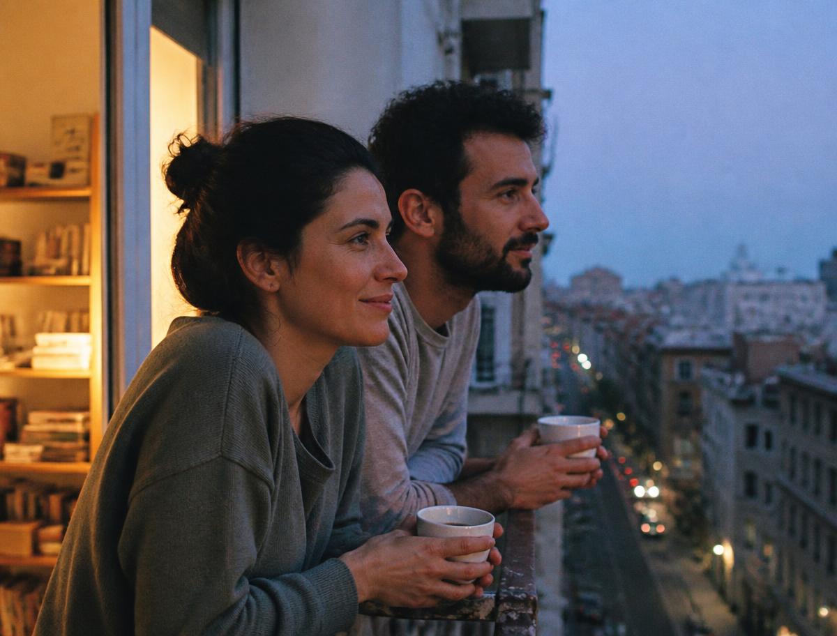 Nuria y Alejandro apoyados en la barandilla del balcón al atardecer, con sendas tazas de café mirando la ciudad