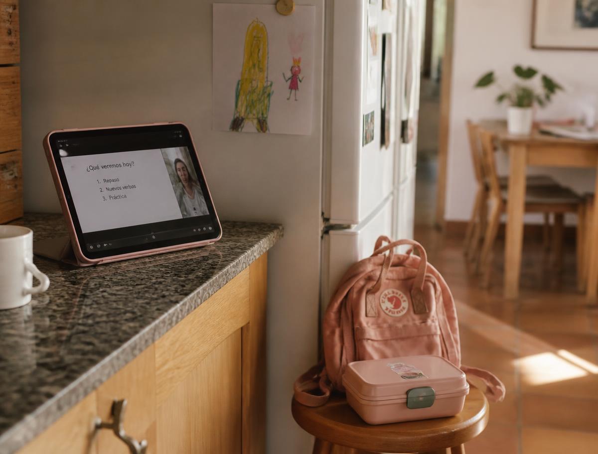 Tablet apoyada en la encimera de una cocina familiar reproduciendo una clase grabada, con un dibujo infantil en la nevera y una mochila en un taburete