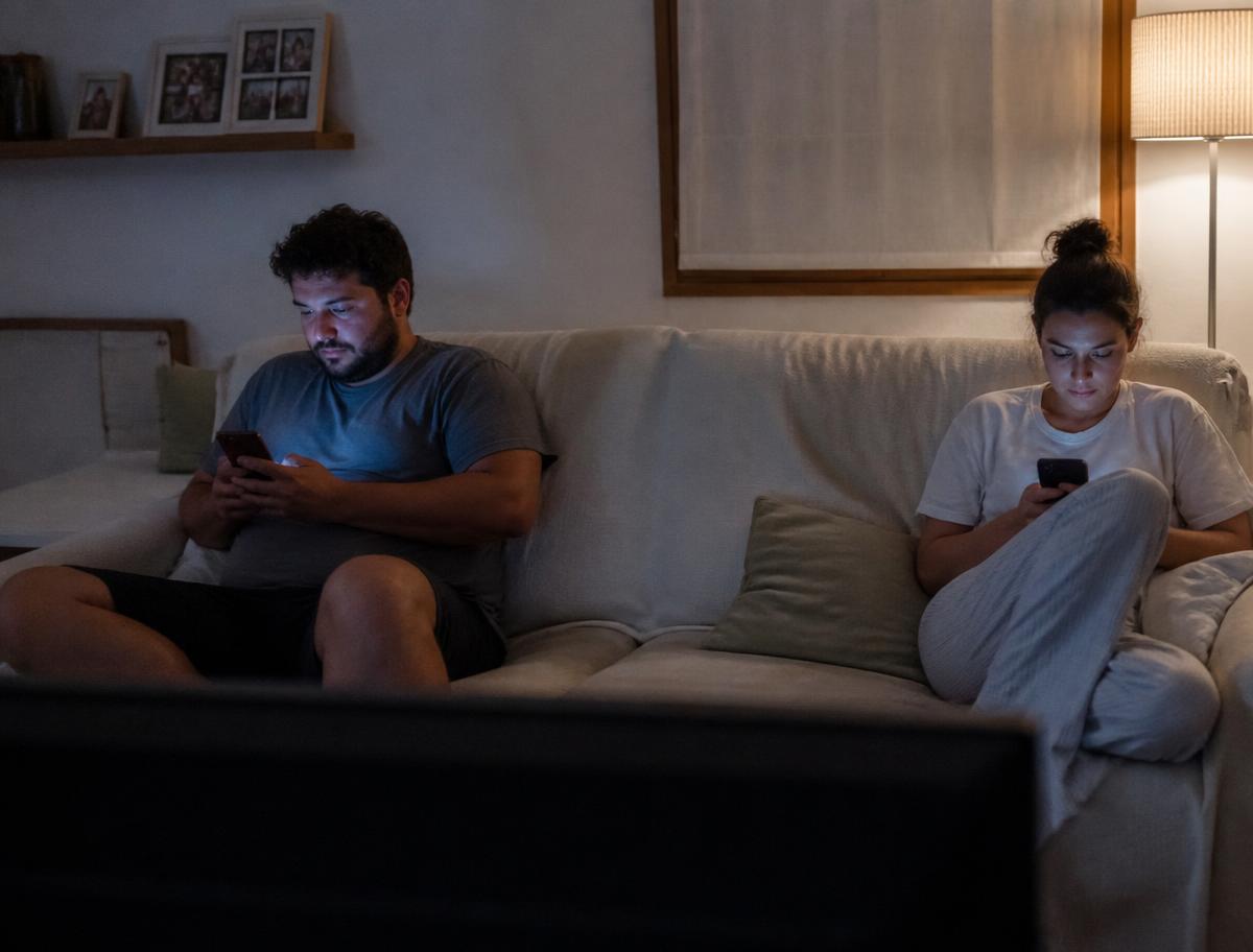 Pareja de unos treinta y cinco años sentada en extremos opuestos del sofá por la noche, cada uno mirando su propio móvil con la televisión apagada delante