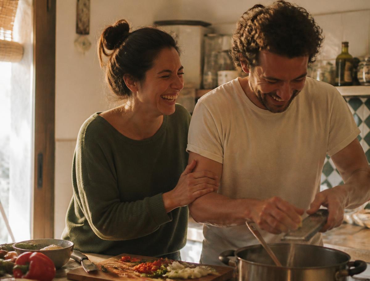 Pareja de unos treinta y cinco años riéndose de verdad mientras cocinan juntos en una cocina cálida al atardecer, ella con la mano apoyada en el antebrazo de él