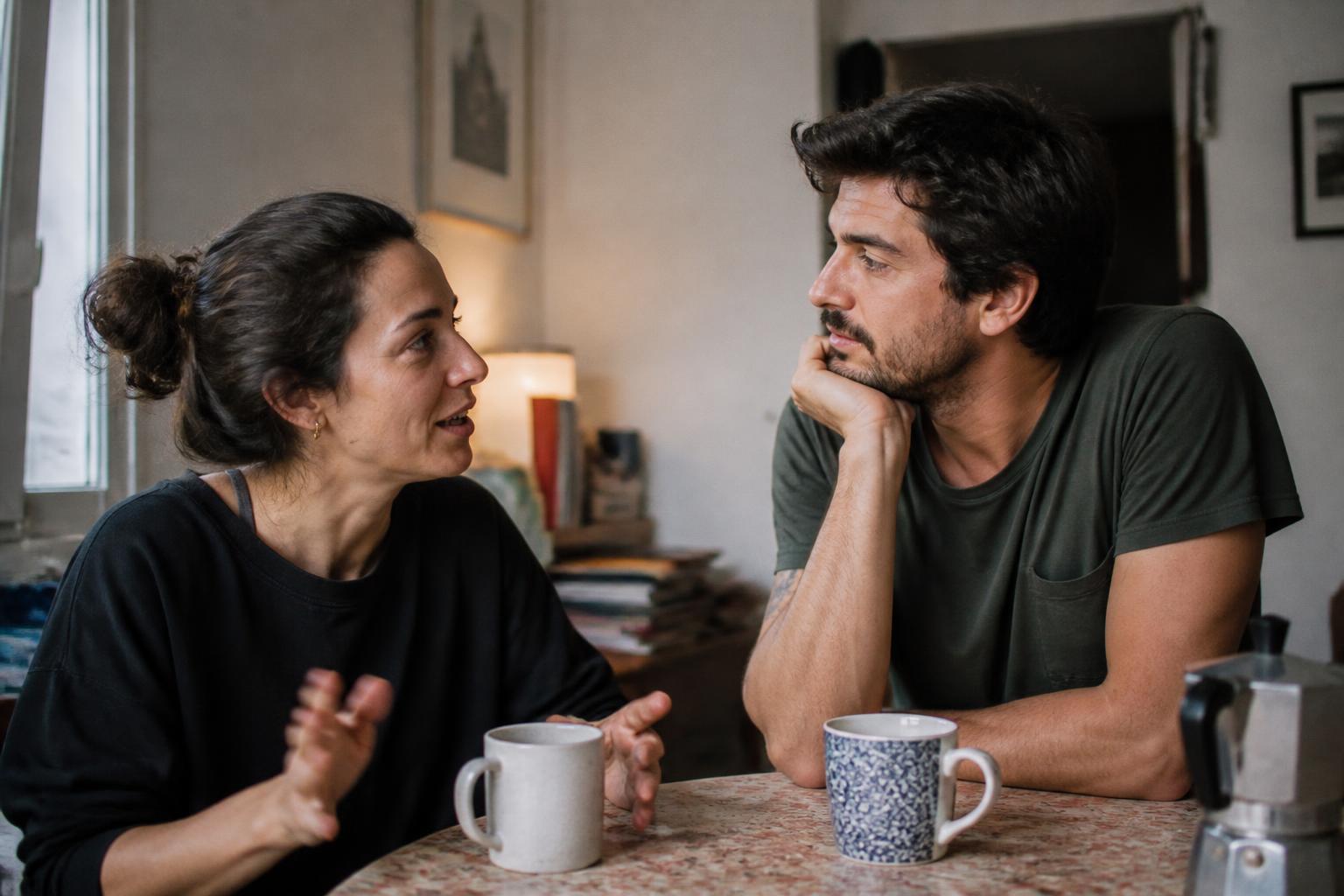 Pareja de unos treinta y cinco años hablando en la mesa de la cocina con dos tazas distintas, luz de ventana por la mañana