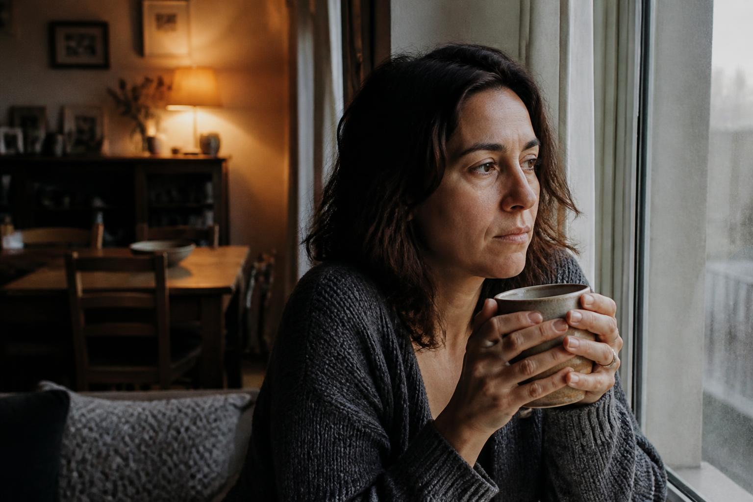 Mujer de unos treinta y seis años junto a la ventana, con una taza entre las manos y la mirada perdida en la calle