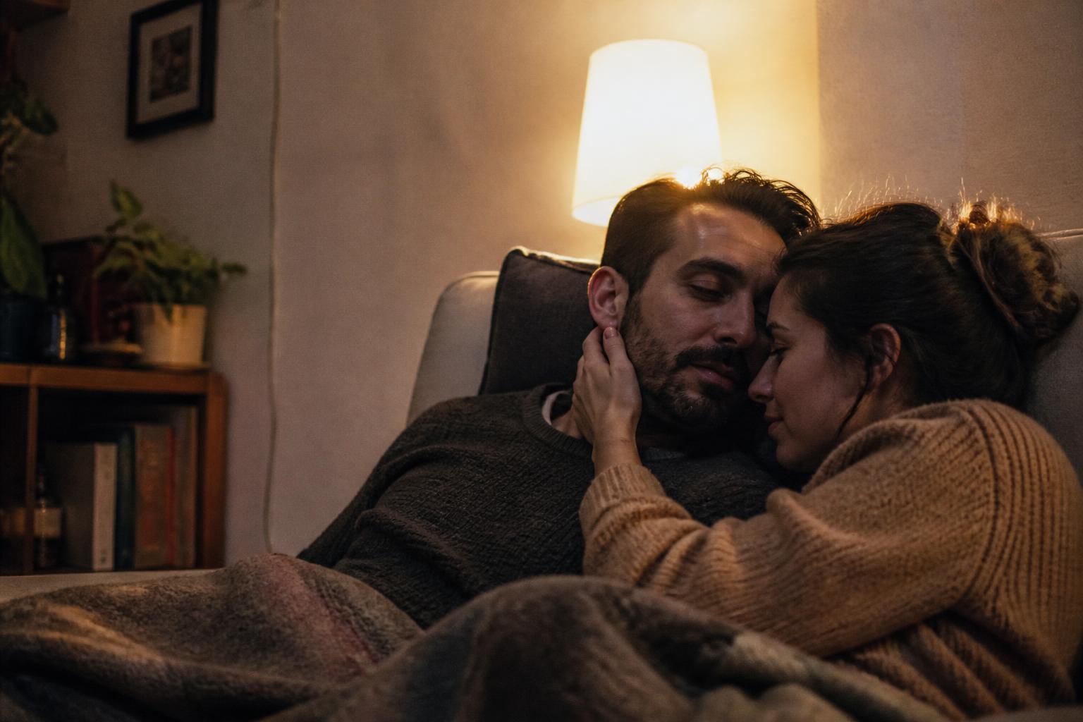 Pareja joven abrazada en el sofá bajo una manta, con las frentes juntas y la luz cálida de una lámpara detrás