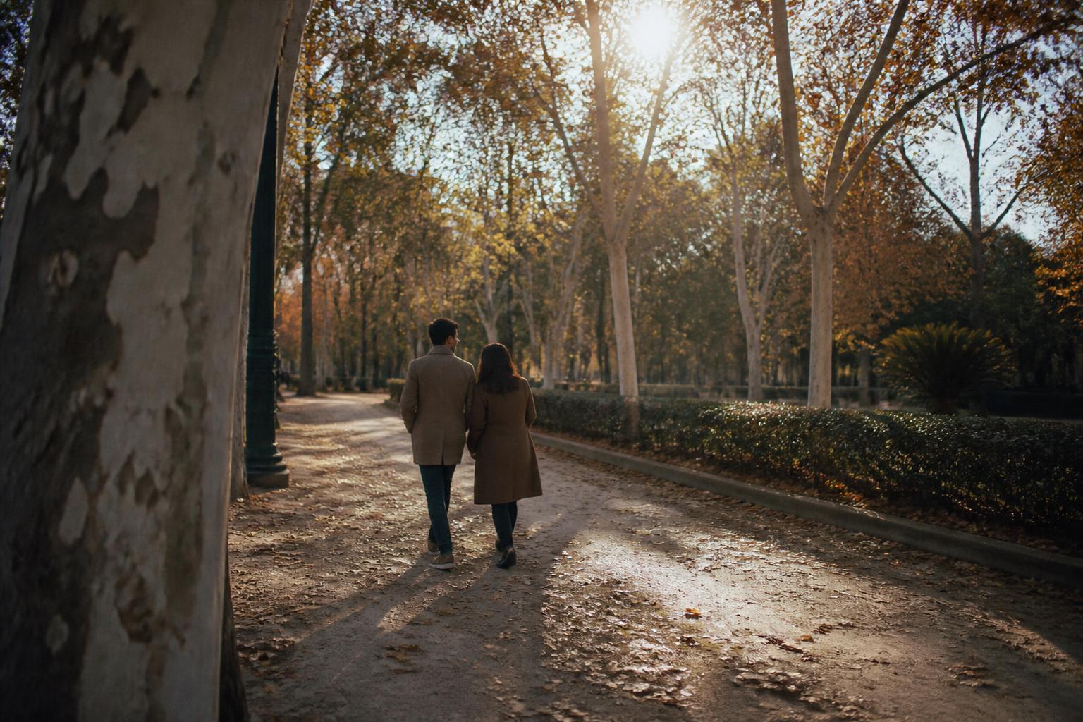 Pareja de espaldas caminando junta por un paseo de árboles en otoño, a contraluz de la tarde